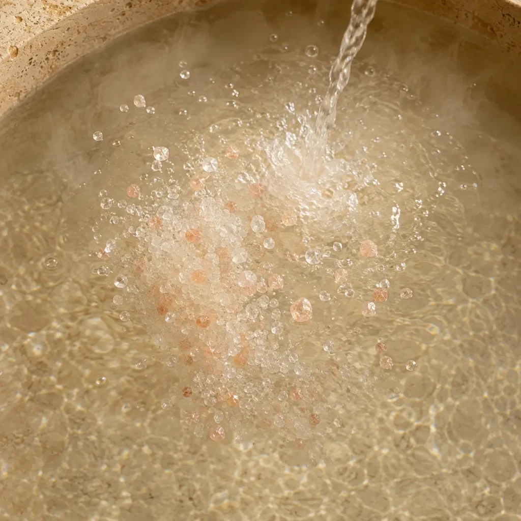 Mineral bath salts including Himalayan and Epsom crystals actively swirling and dissolving as water is poured into a luxurious cream stone tub with rising steam.