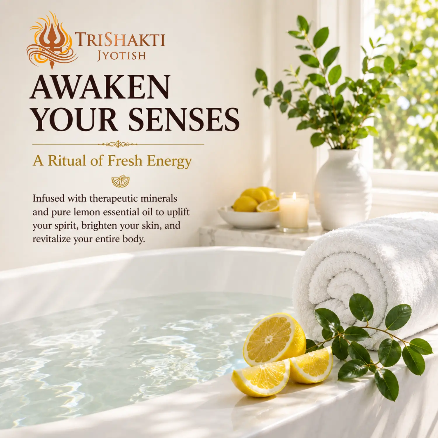 Lemon Bath Salt 5 A bright luxury spa bathtub setting with fresh cut lemons, a white rolled towel, and lush green leaves.