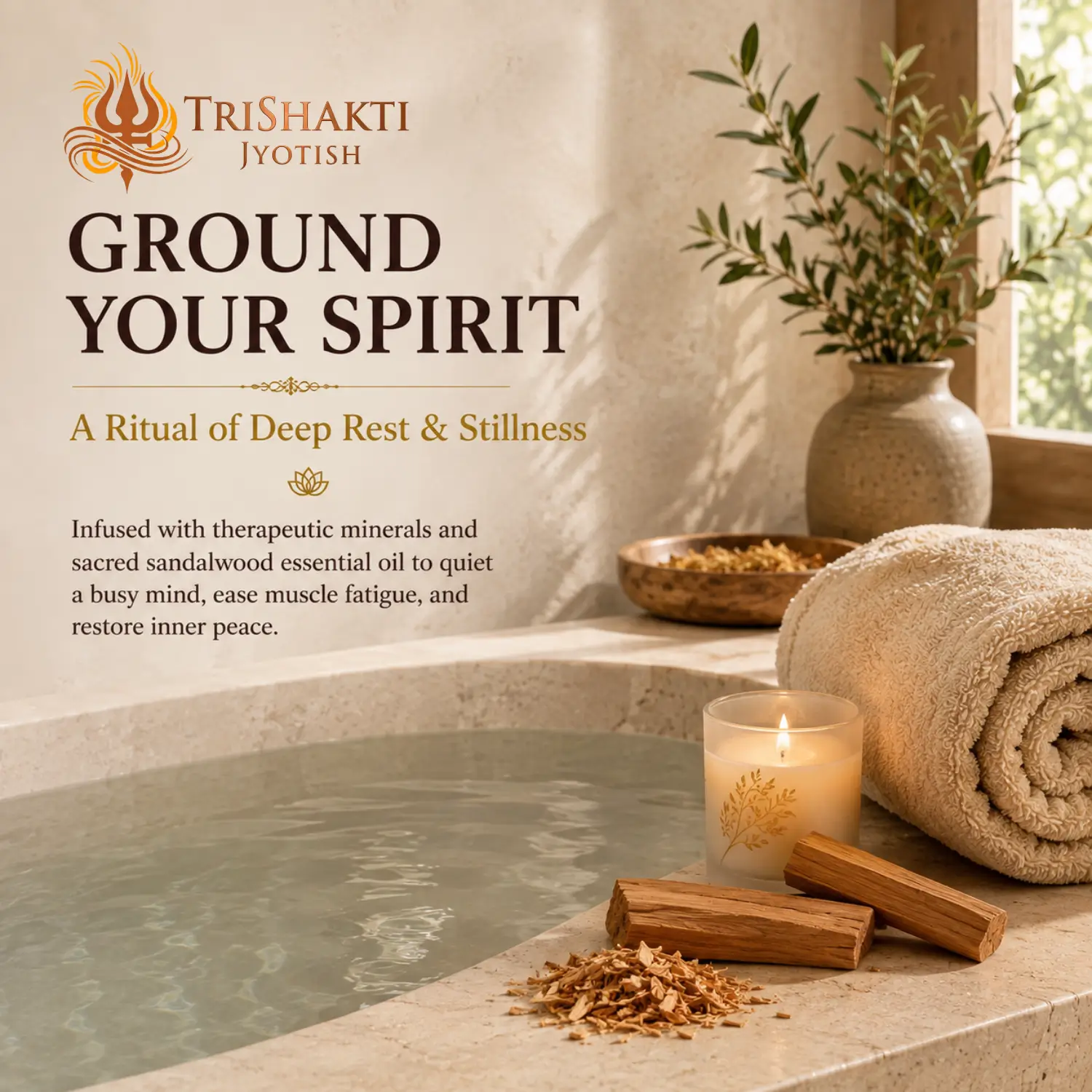 Sandalwood Bath Salt 5 A luxurious stone spa bathtub setting with sandalwood sticks, a candle, and a plush towel.