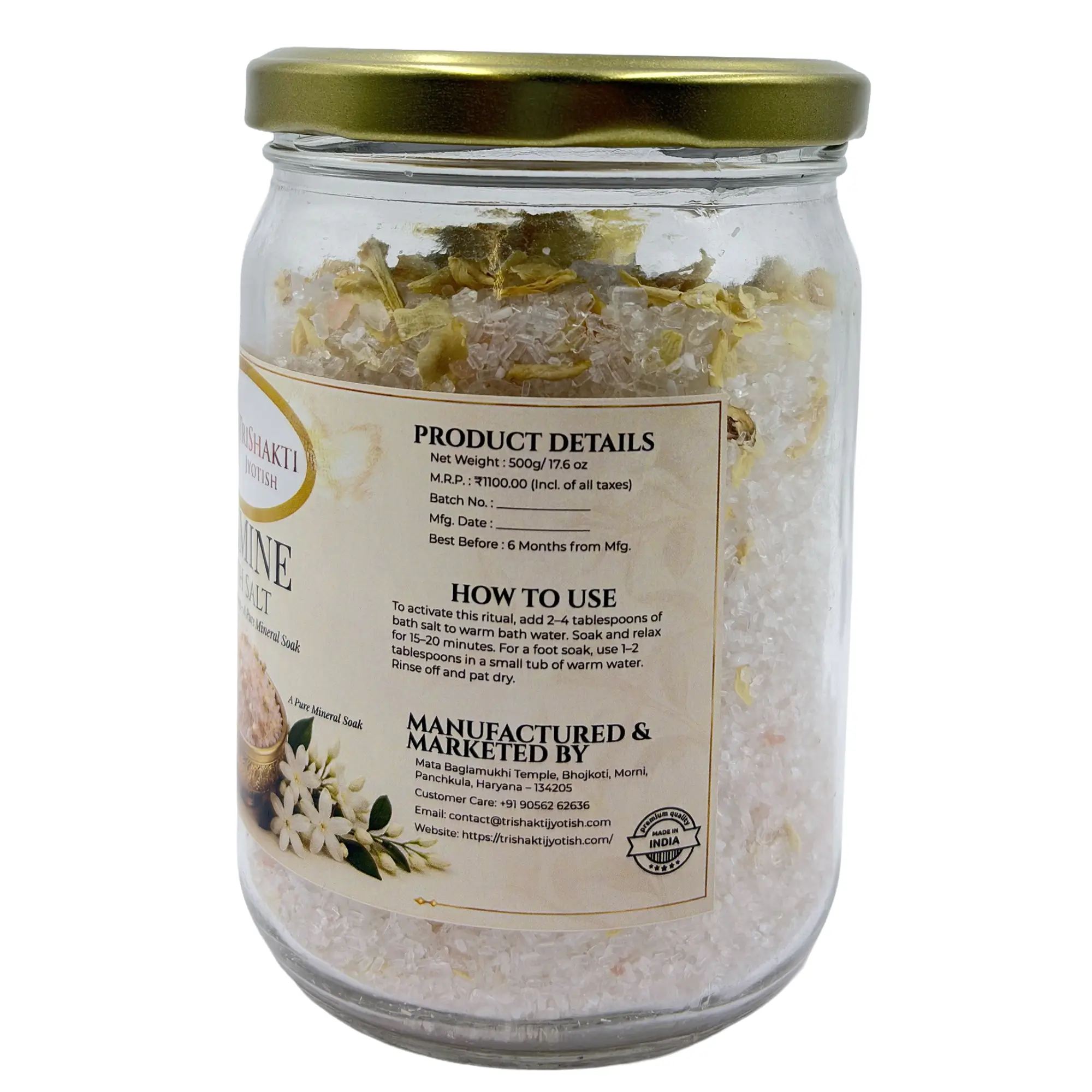 Jasmine Bath Salt 3 Directions for use on the TriShakti Jyotish Jasmine Bath Salt product label.