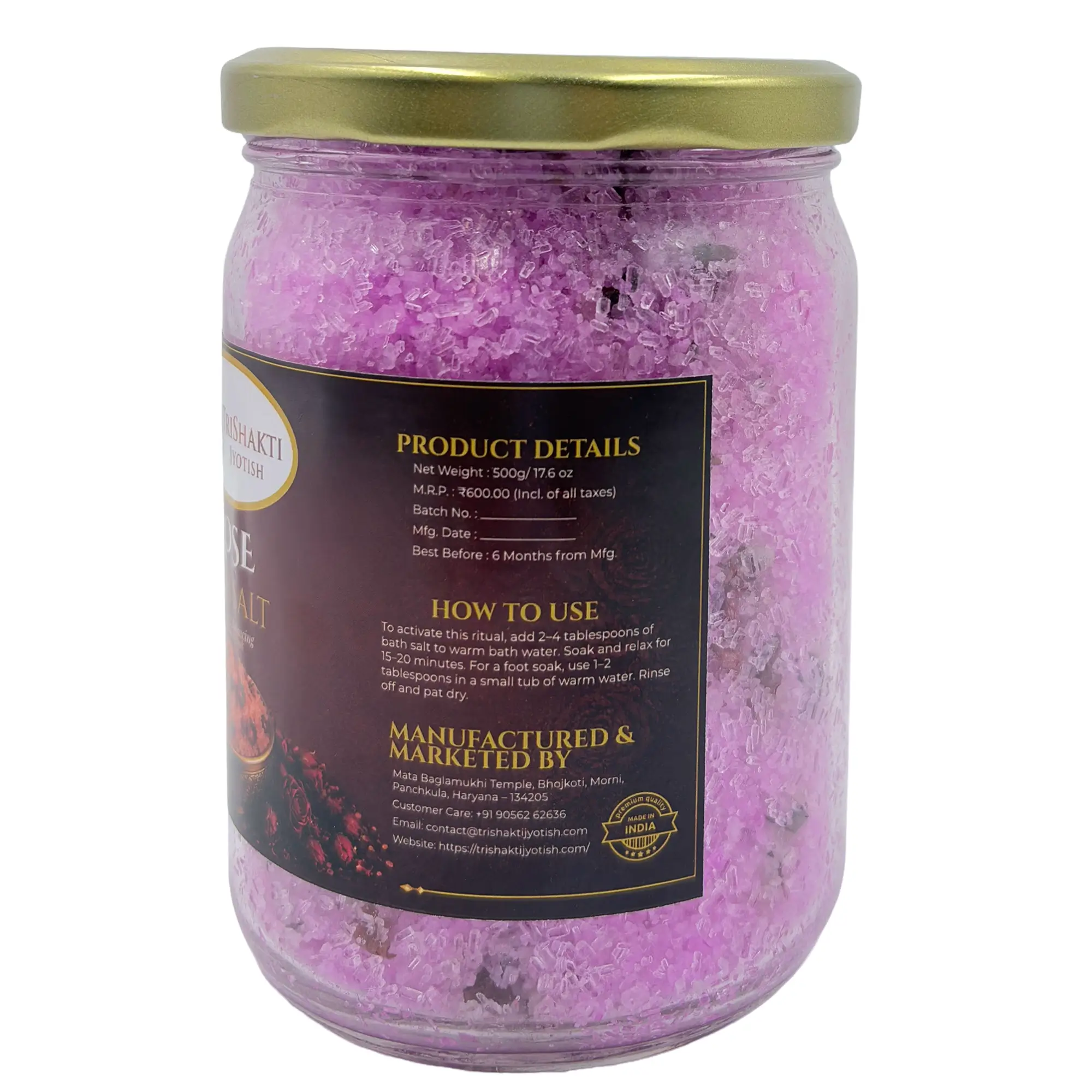 Rose Bath Salt 3 Directions for use on the TriShakti Jyotish Rose Bath Salt product label.