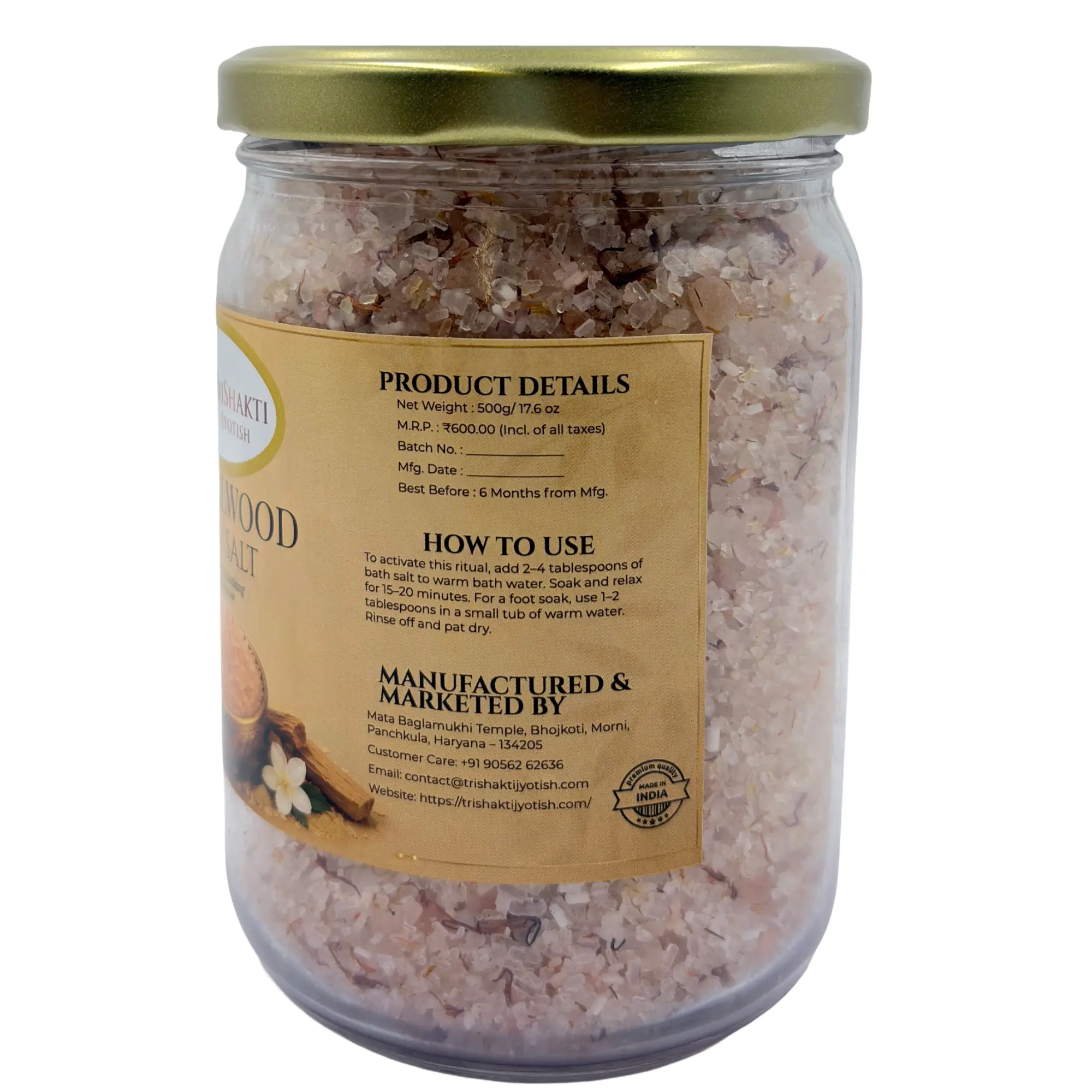Sandalwood Bath Salt 3 Directions for use on the TriShakti Jyotish Sandalwood Bath Salt product label.