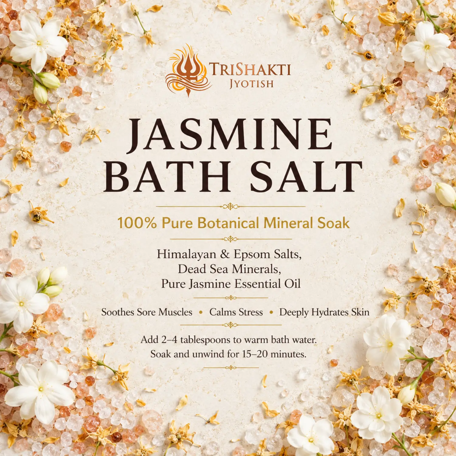 Jasmine Bath Salt 4 Jasmine Bath Salt benefits infographic surrounded by pink salt crystals and white jasmine flowers.