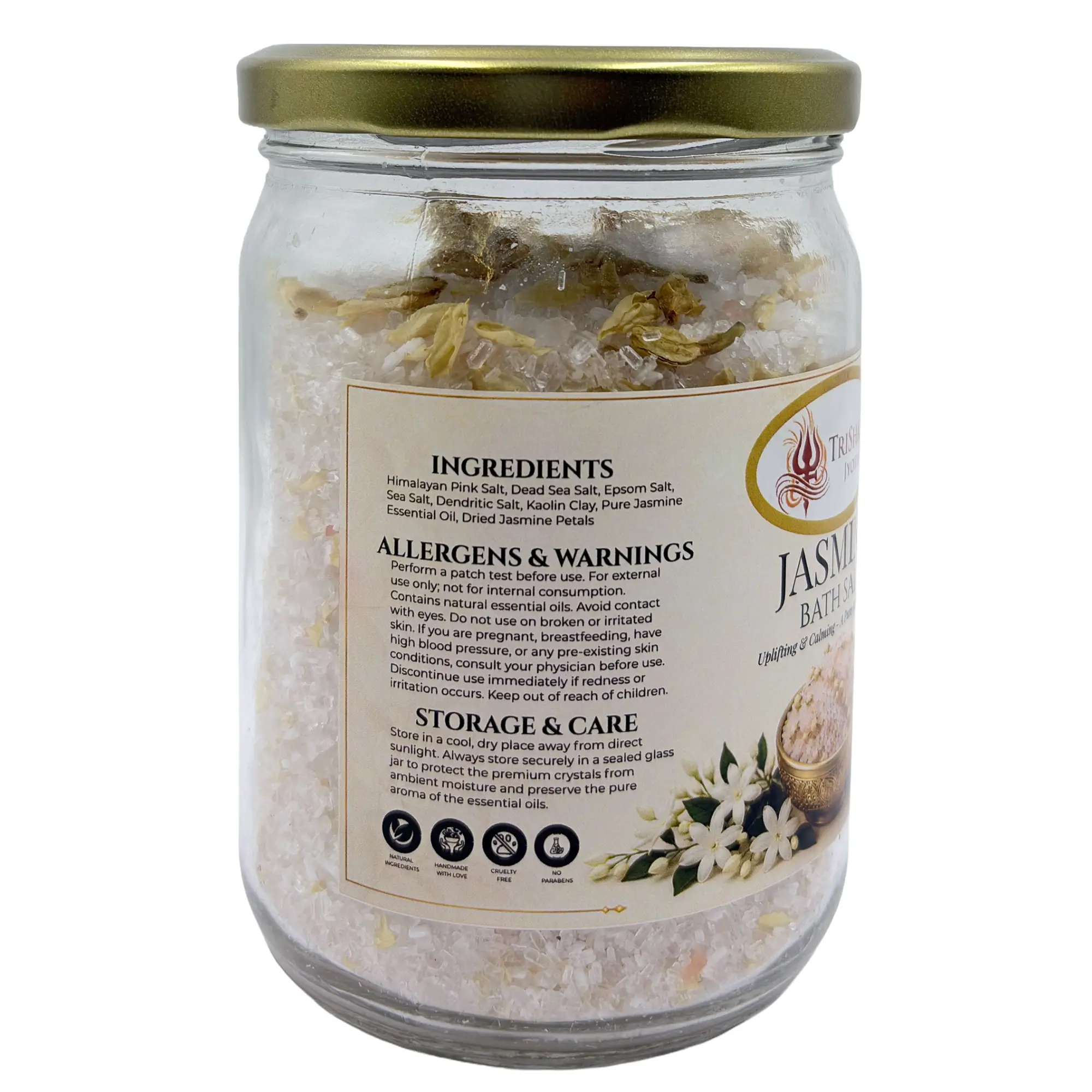 Jasmine Bath Salt 2 Ingredients and storage label for TriShakti Jyotish Jasmine Bath Salt.