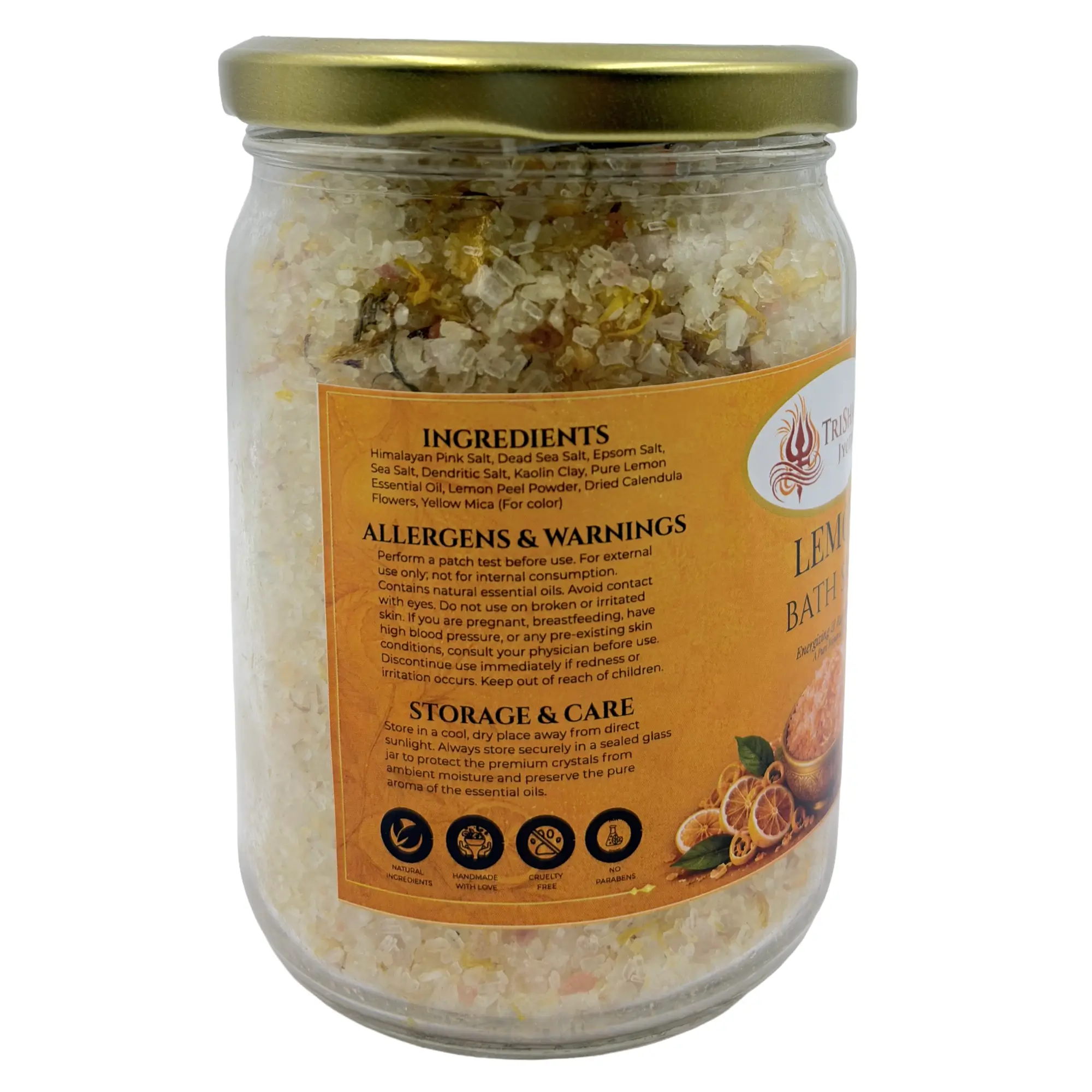 Lemon Bath Salt 2 Ingredients and allergen warnings label for TriShakti Jyotish Lemon Bath Salt.