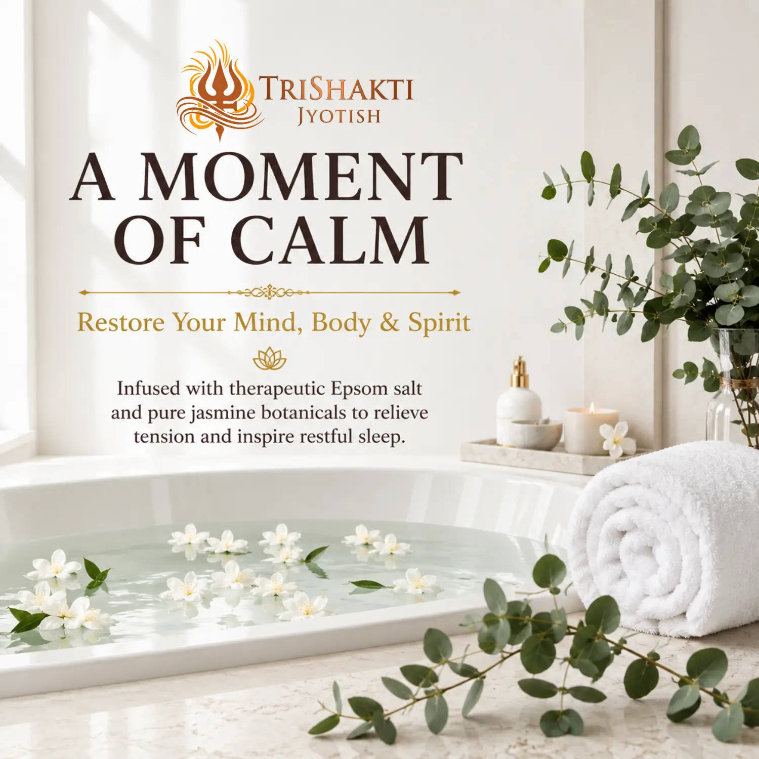 Jasmine Bath Salt 6 A luxurious white spa bathtub filled with clear water and fresh floating jasmine flowers.