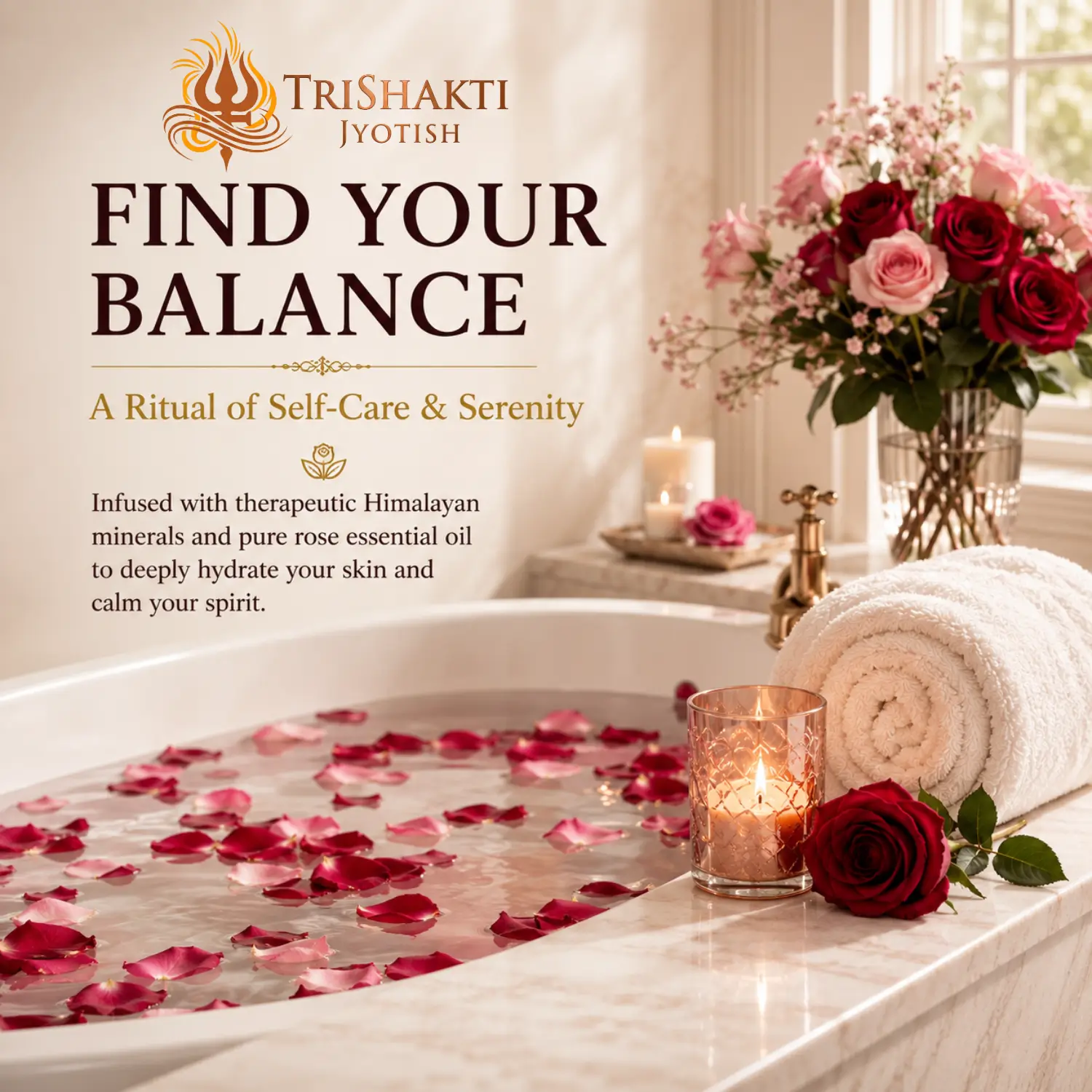 Rose Bath Salt 5 A luxurious white spa bathtub filled with clear water and fresh floating red and pink rose petals.