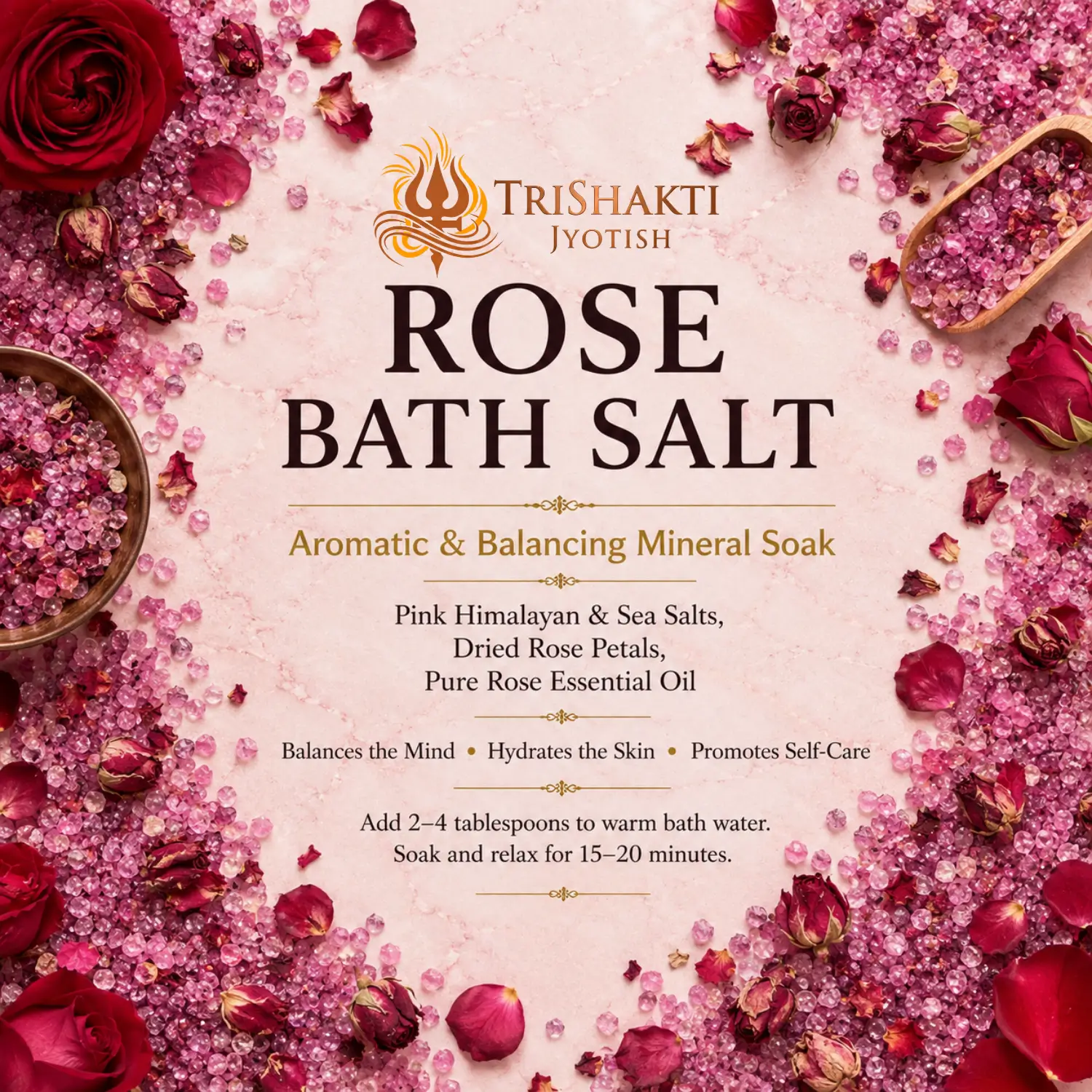 Rose Bath Salt 4 Rose Bath Salt benefits infographic surrounded by pink salt crystals and dark red roses.