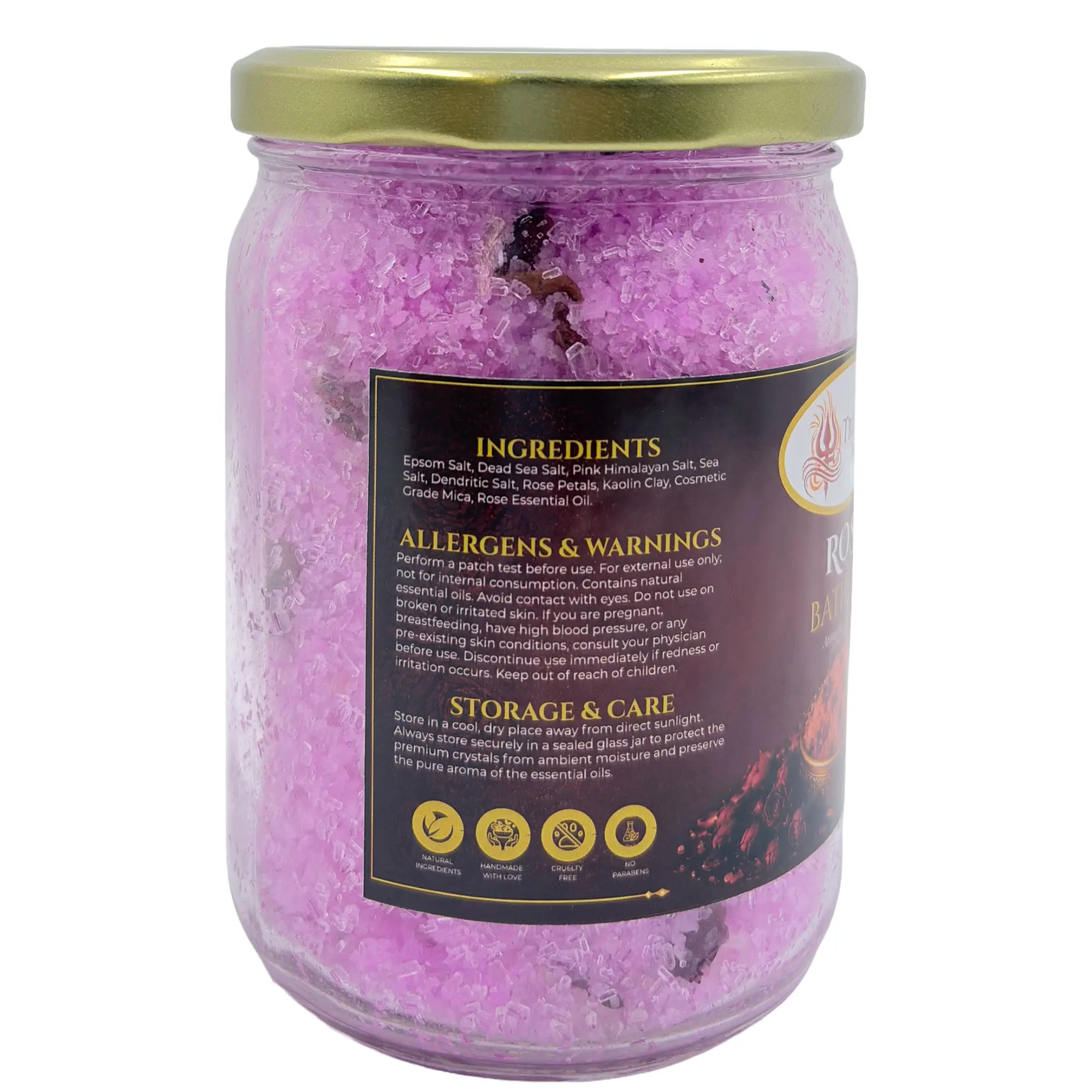 Rose Bath Salt 2 Ingredients and allergen warnings label for TriShakti Jyotish Rose Bath Salt.