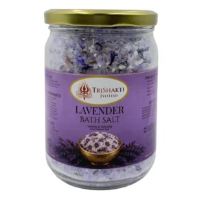TriShakti Jyotish Lavender Bath Salt glass jar on a white background.