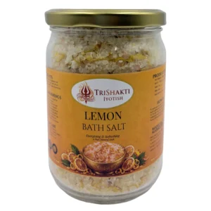TriShakti Jyotish Lemon Bath Salt glass jar on a white background.