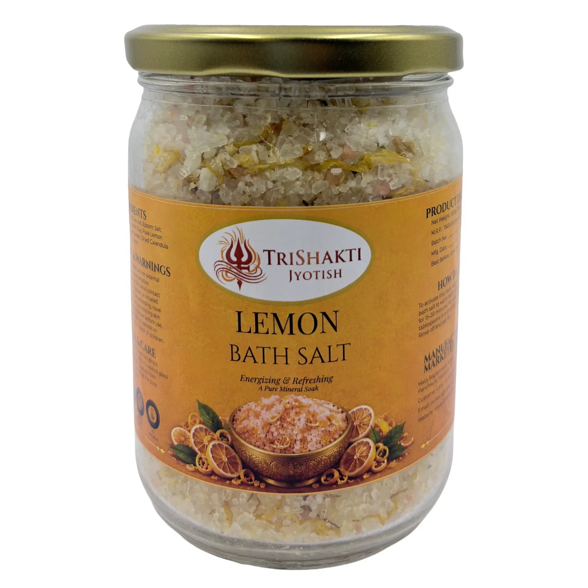Lemon Bath Salt 1 TriShakti Jyotish Lemon Bath Salt glass jar on a white background.
