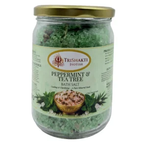 TriShakti Jyotish Peppermint and Tea Tree Bath Salt glass jar on a white background.