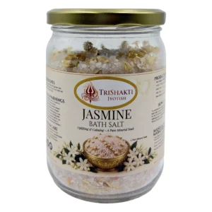 TriShakti Jyotish Jasmine Bath Salt glass jar on a white background.
