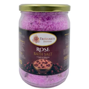 TriShakti Jyotish Rose Bath Salt glass jar on a white background.