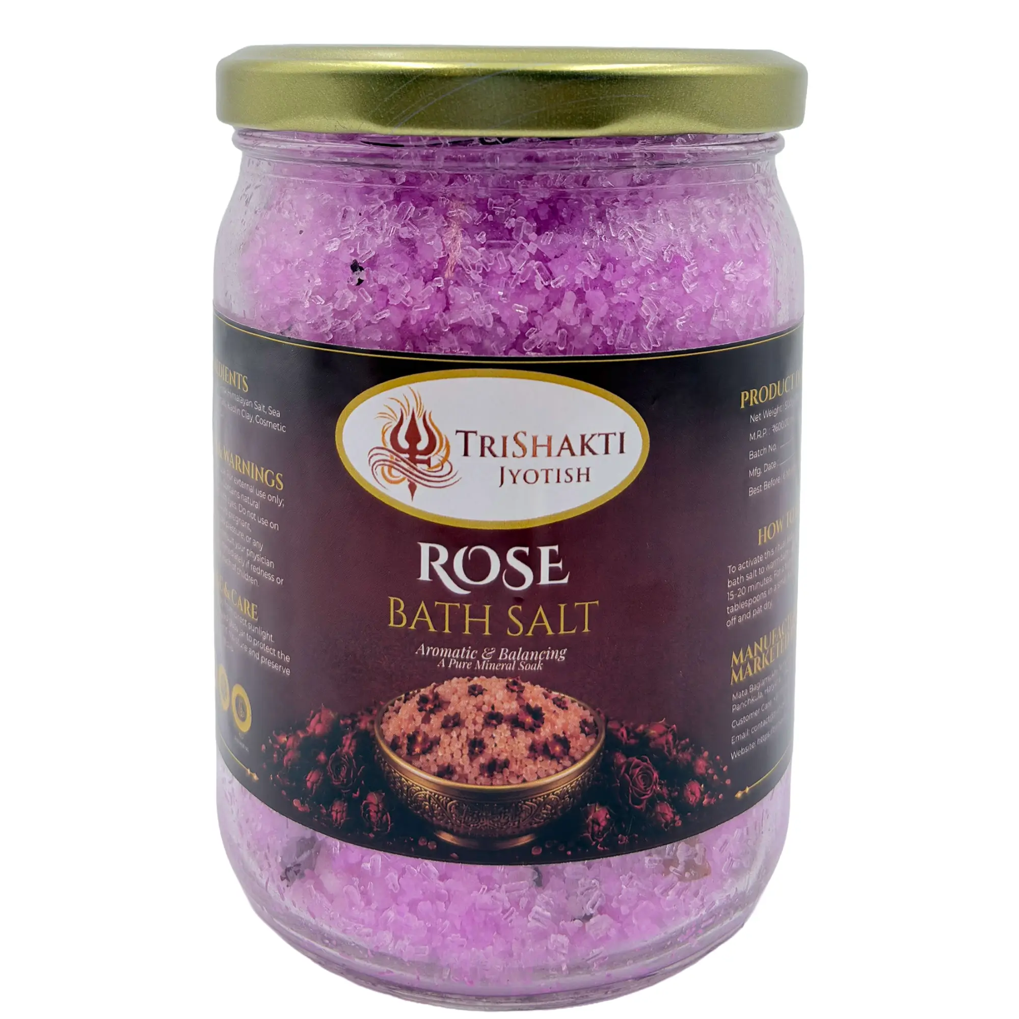 Rose Bath Salt 1 TriShakti Jyotish Rose Bath Salt glass jar on a white background.