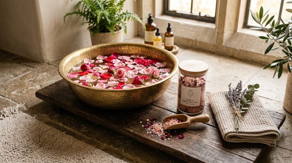 Traditional brass foot soak basin with rose petals and TriShakti Jyotish Himalayan bath salt jar