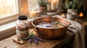 TriShakti Bath Salts Home-Spa & Warm Foot Soak Relaxation Guide: दिनभर की थकान और तनाव दूर करने का 15-मिनट तरीका (Lavender Mineral Soak)