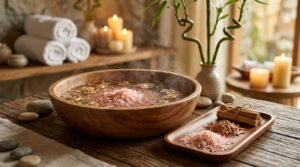 TriShakti Pure Sandalwood (Chandan) Bath Salt: शरीर की जलन, पैरों की थकावट और दिनभर के मानसिक तनाव से राहत का 15-मिनट होम-स्पा गाइड (Warm Foot Soak & Deep Calming Ritual)