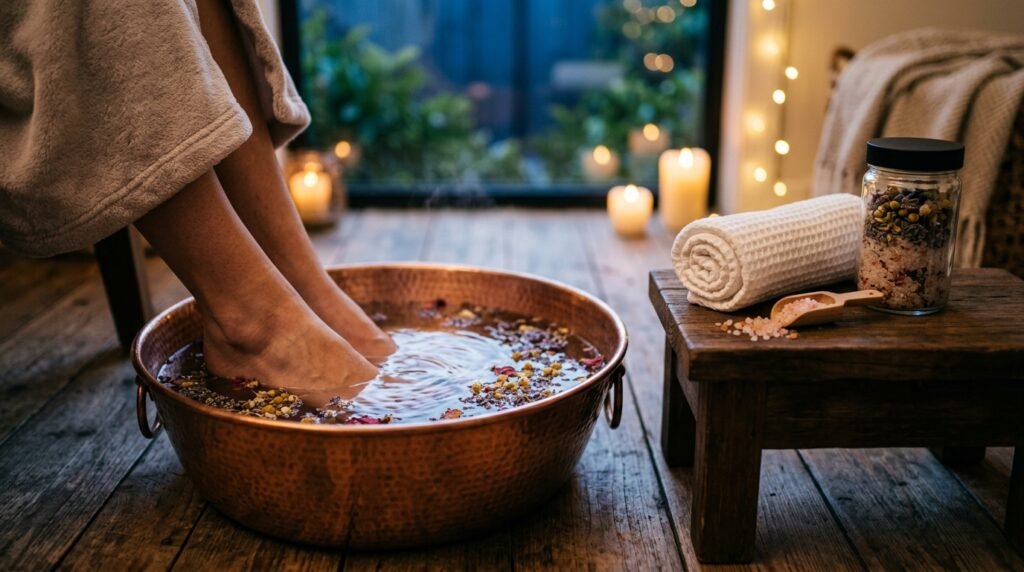 TriShakti Himalayan Bath Salts Home Spa and Warm Foot Soak Relaxation Guide - Lavender and Chamomile Evening Ritual